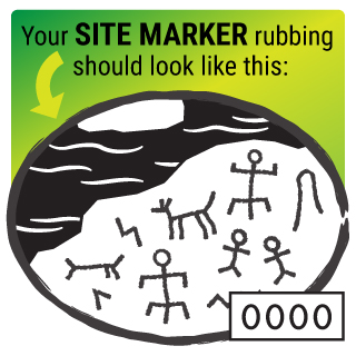 black and white illustration of a flat rock with stick figure drawings