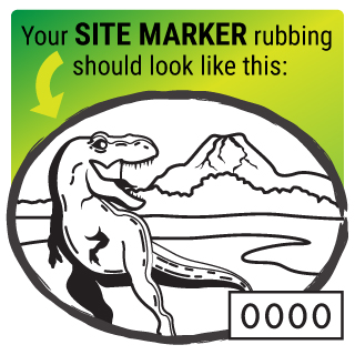 black and white illustration of a tyrannosaurus rex with an erupting volcano in the background